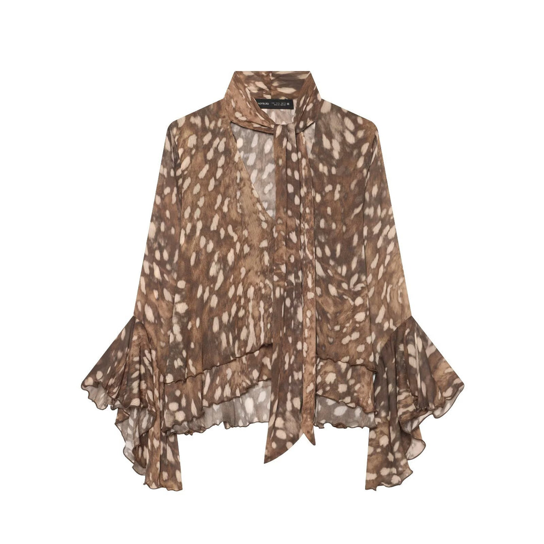 Damen Chiffon-Bluse mit Schluppe, V‑Ausschnitt und mehrlagigem Volantsaum Nord Taschen