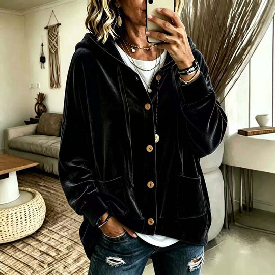 Damen Oversize Kapuzen-Samtjacke mit Knopfleiste und aufgesetzten Taschen Nord Taschen