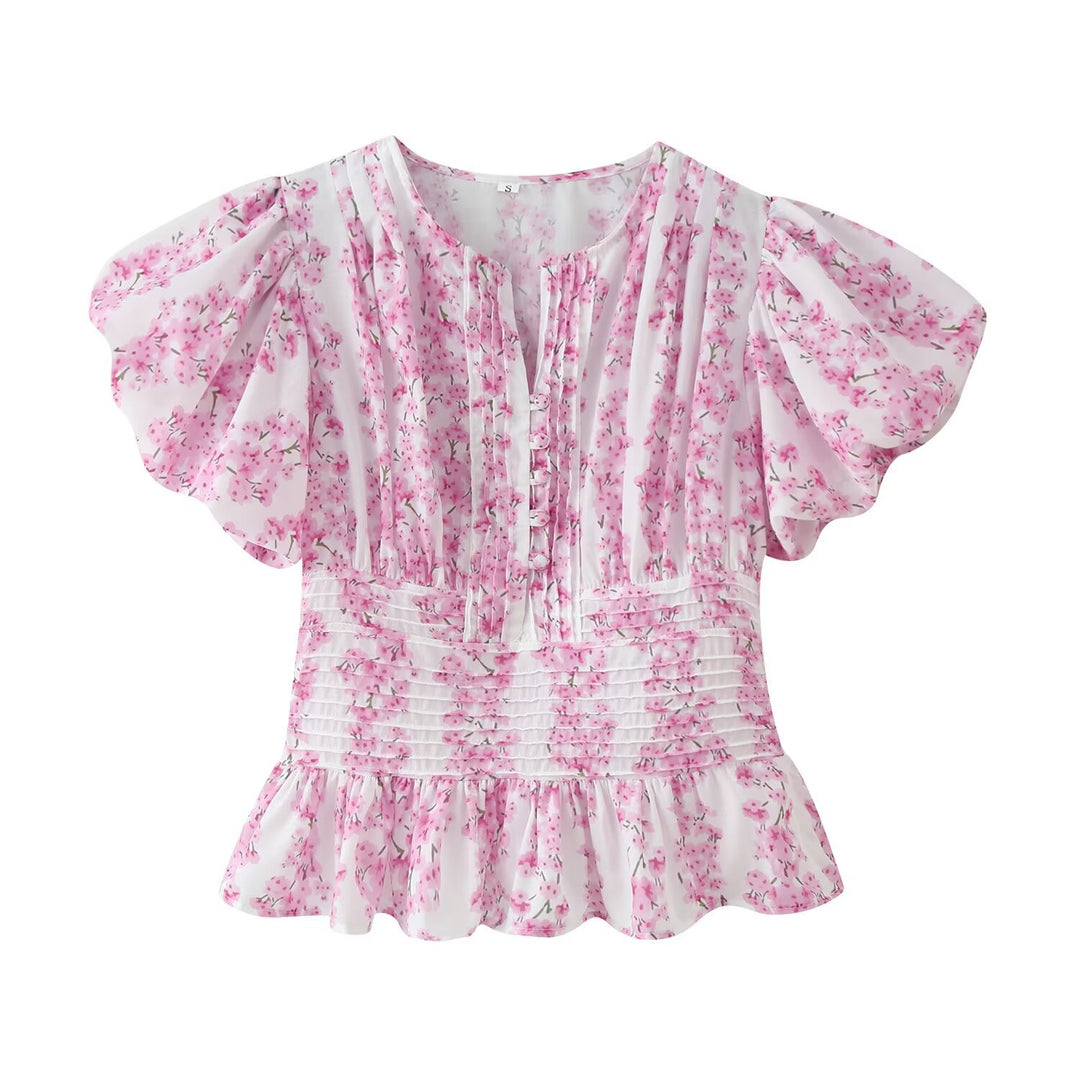 Damen Romantische Bluse mit Puffärmeln, Kellerfalten‑Blende und gesmokter Taille Nord Taschen