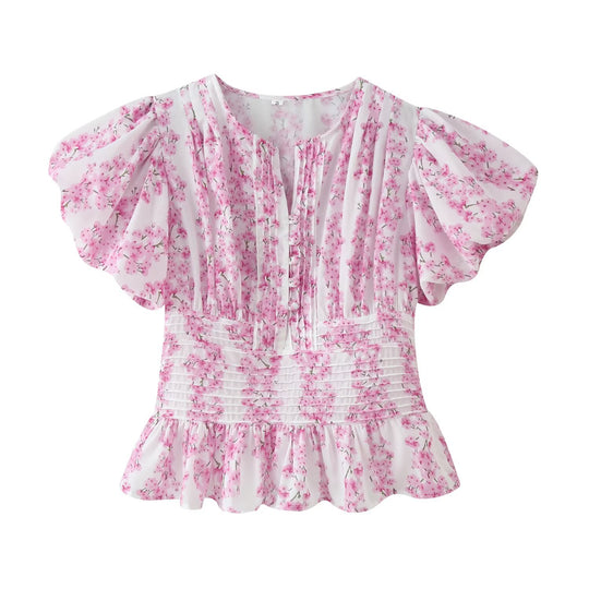 Damen Romantische Bluse mit Puffärmeln, Kellerfalten‑Blende und gesmokter Taille Nord Taschen