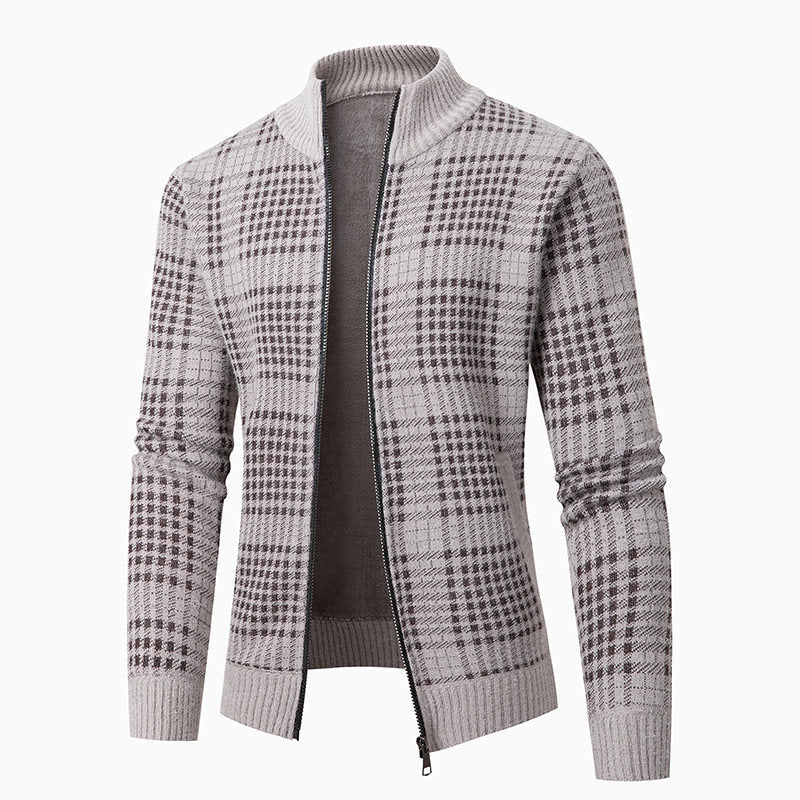 Herren Feinstrick-Zipcardigan mit Glencheck‑Muster, Stehkragen und Zwei‑Wege‑Reißverschluss Nord Taschen