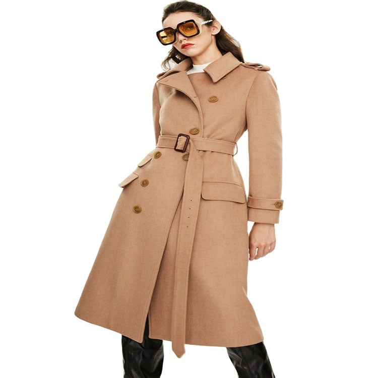Damen taillierter A‑Linien Trenchcoat aus Woll‑Kaschmirmix mit Taillengürtel und Patten Nord Taschen