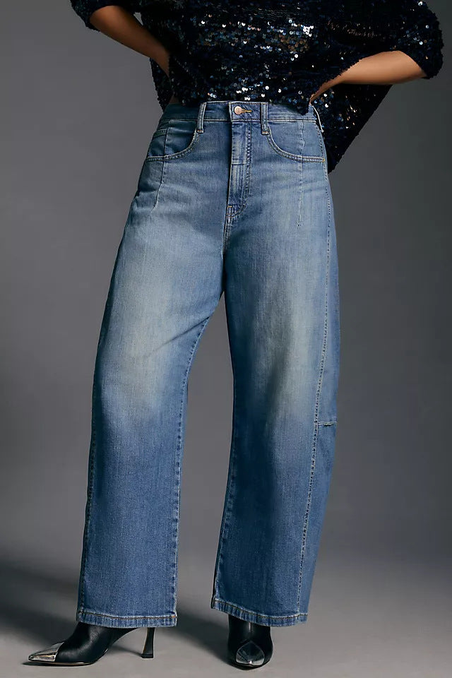 Damen hochgeschnittene weite Culotte-Jeans mit verkürzter Länge und dekorativen Nahtdetails Nord Taschen