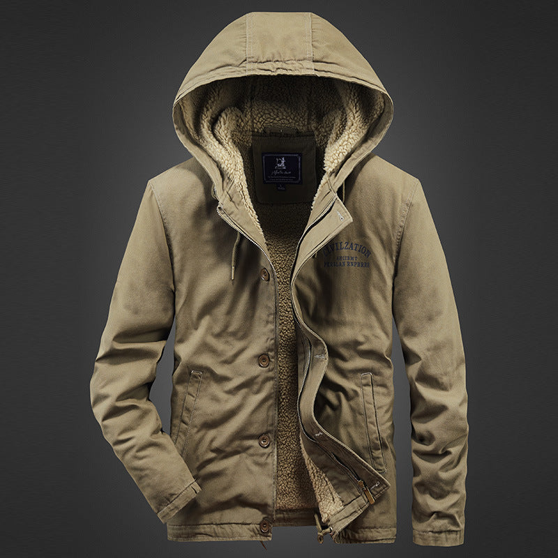 Herren Canvas-Kapuzenjacke mit Sherpa‑Fütterung, verdecktem Zweiwege‑Reißverschluss und Utility‑Details Nord Taschen