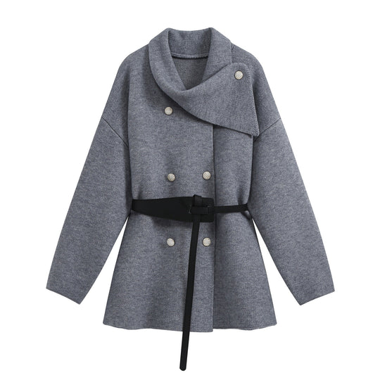 Damen Taillierter kurzer Wollmix‑Mantel mit asymmetrischem Stehkragen und Bindegürtel Nord Taschen