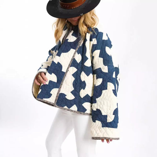 Damen Gequiltete Oversize-Jacke mit Patchworkmuster und weiter Kimono-Ärmel Nord Taschen
