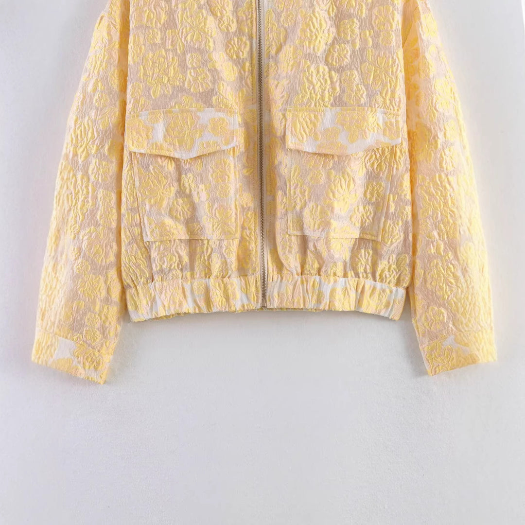 Damen 20+ Cropped Bomberjacke mit floraler Jacquardstruktur, Stehkragen und aufgesetzten Pattentaschen Nord Taschen