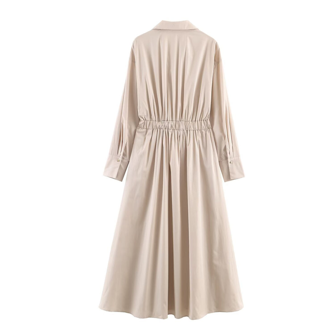 Damen Langärmeliges Hemdblusenkleid mit weitem Faltenrock und Taillengürtel Nord Taschen