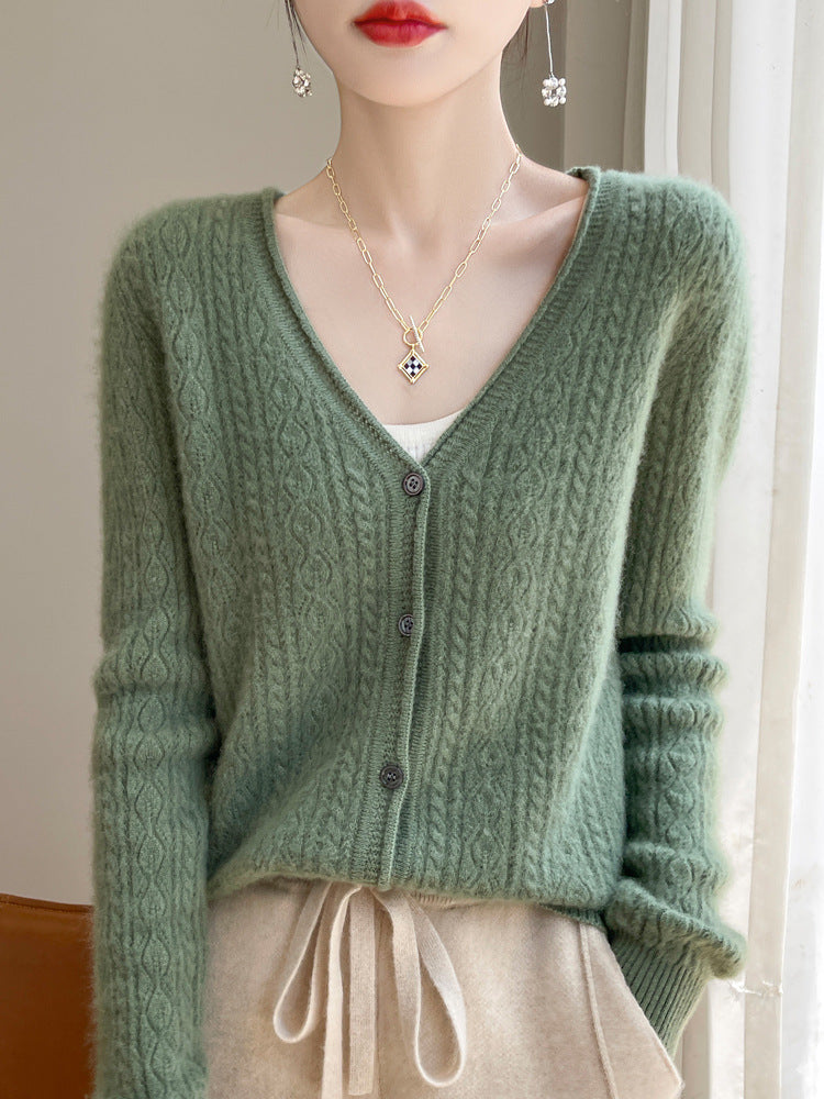 Damen Kurzer Zopfmuster-Cardigan im Mohair-Look mit V‑Ausschnitt und gerippten Bündchen Nord Taschen