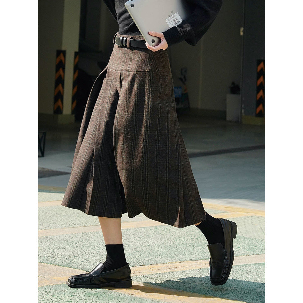 Damen Weite Karierte Culotte‑Hose mit hoher Taille, Bundfalten und fließender Wolloptik Nord Taschen