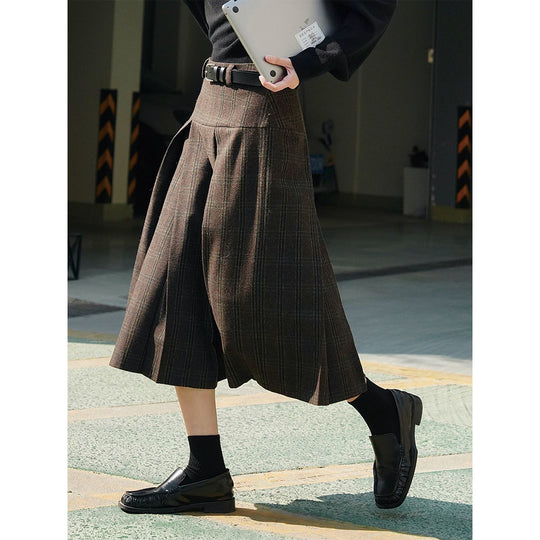 Damen Weite Karierte Culotte‑Hose mit hoher Taille, Bundfalten und fließender Wolloptik Nord Taschen