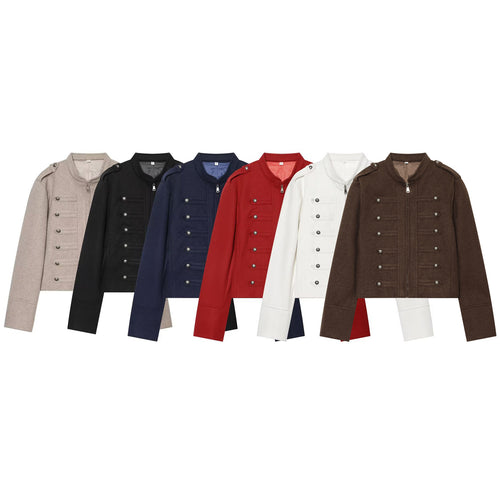 Damen Militärinspirierte Wolljacke mit Stehkragen, dekorativen Zierknopfreihen und Reißverschluss Nord Taschen