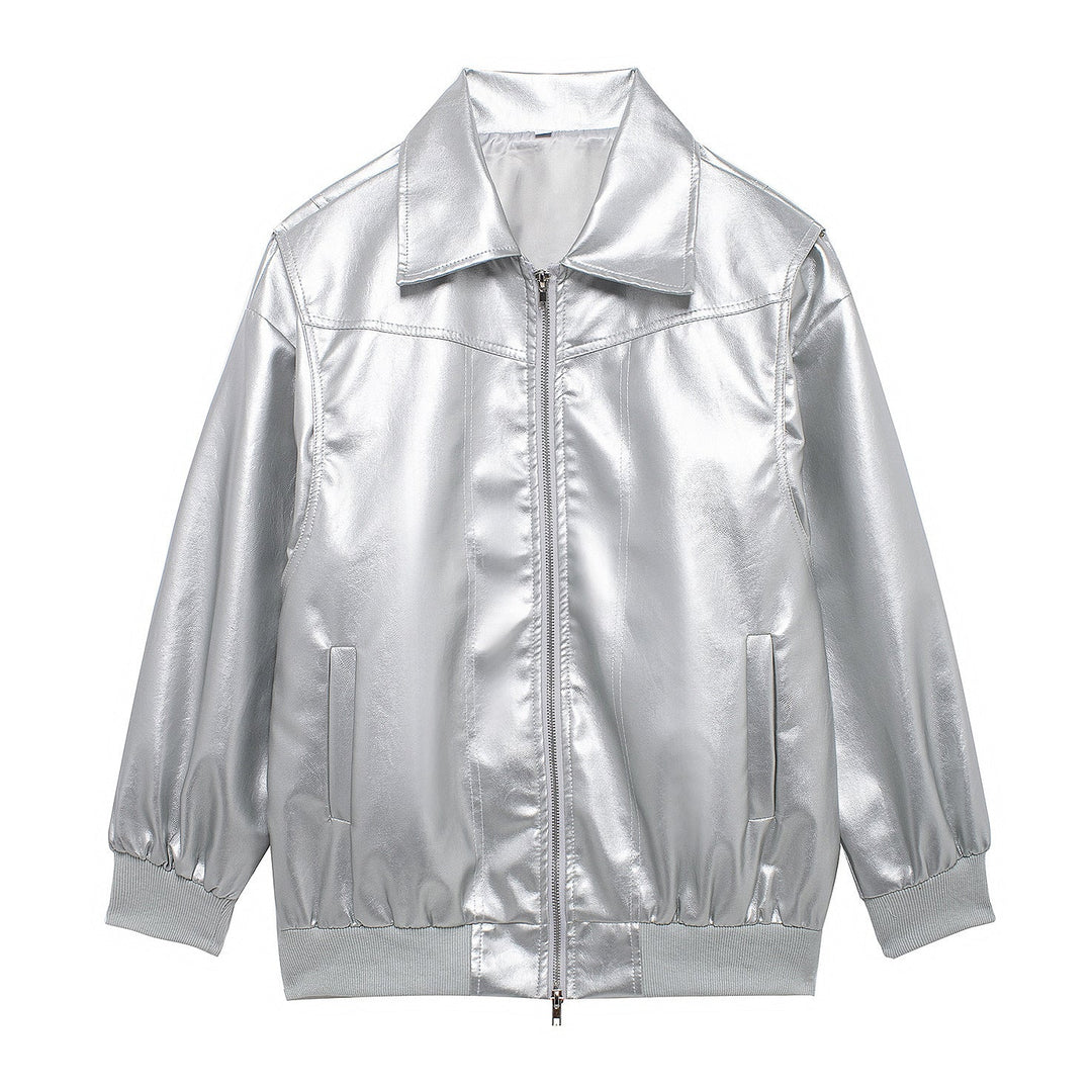 Damen Kunstlederjacke mit elastischen Bündchen und hochschließendem Kragen