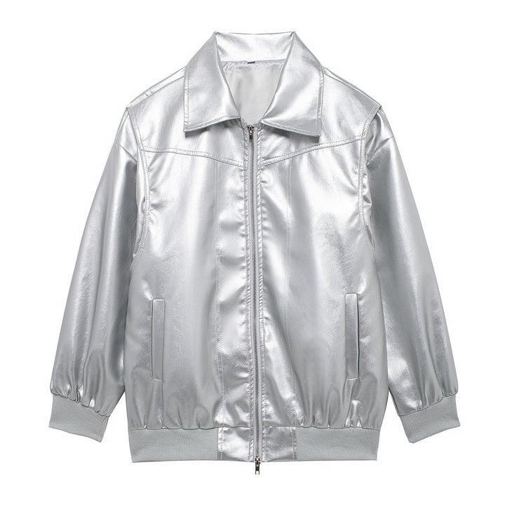 Damen Kunstlederjacke mit elastischen Bündchen und hochschließendem Kragen