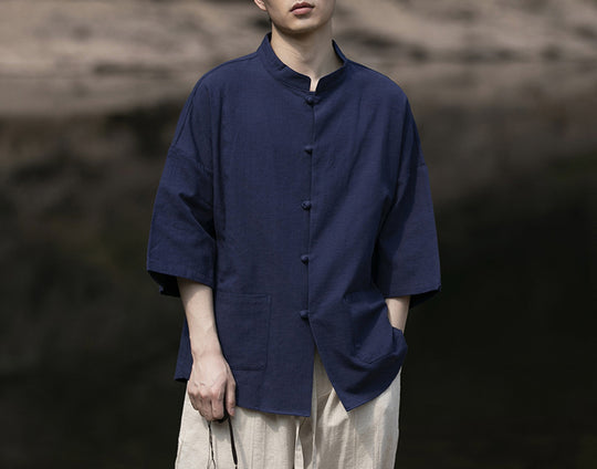 Herren Oversize Hemd im Kimono-Stil aus Leinen-Baumwollmix mit Stehkragen Nord Taschen