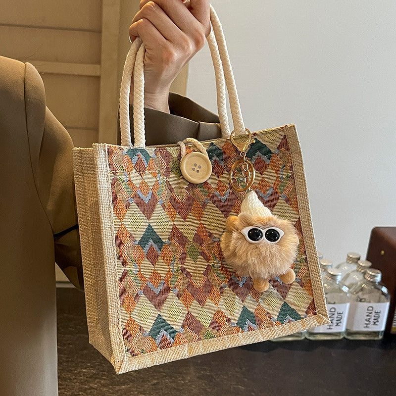 Damen modische Jute-Tragetasche mit buntem Grafikdesign Nord Taschen