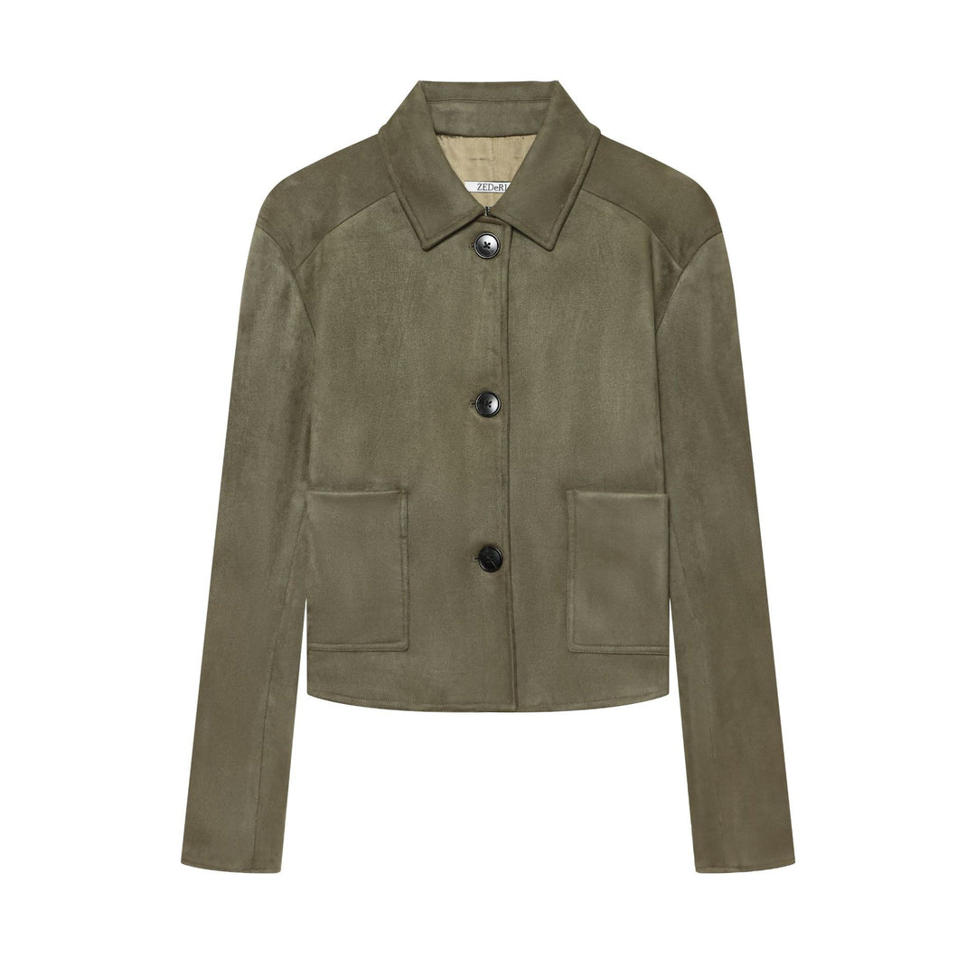 Damen Taillierter Cropped-Blouson aus Veloursimitat mit Hemdkragen und aufgesetzten Taschen Nord Taschen