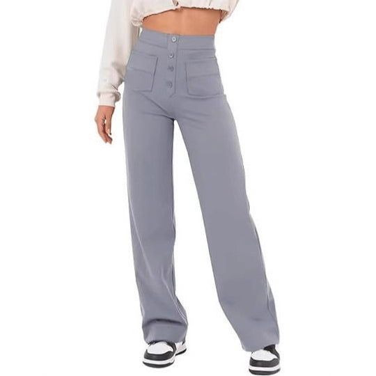 Damen Hochtaillierte weite Hose mit Knopfleiste und aufgesetzten Taschen Nord Taschen