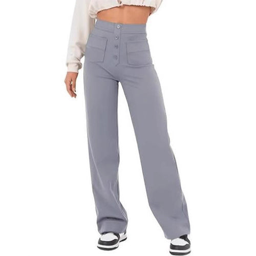 Damen Hochtaillierte weite Hose mit Knopfleiste und aufgesetzten Taschen Nord Taschen