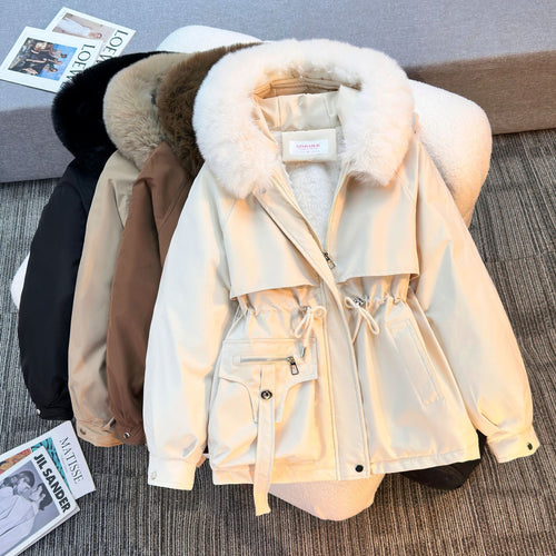 Damen nan kurze gefütterte Parka mit Kunstpelzkragen Teddyfutter Taillenzug und Multifunktions-Taschen Nord Taschen