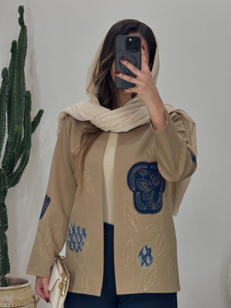 Damen offener Strickblazer mit floraler Stickerei & Applikationen Nord Taschen
