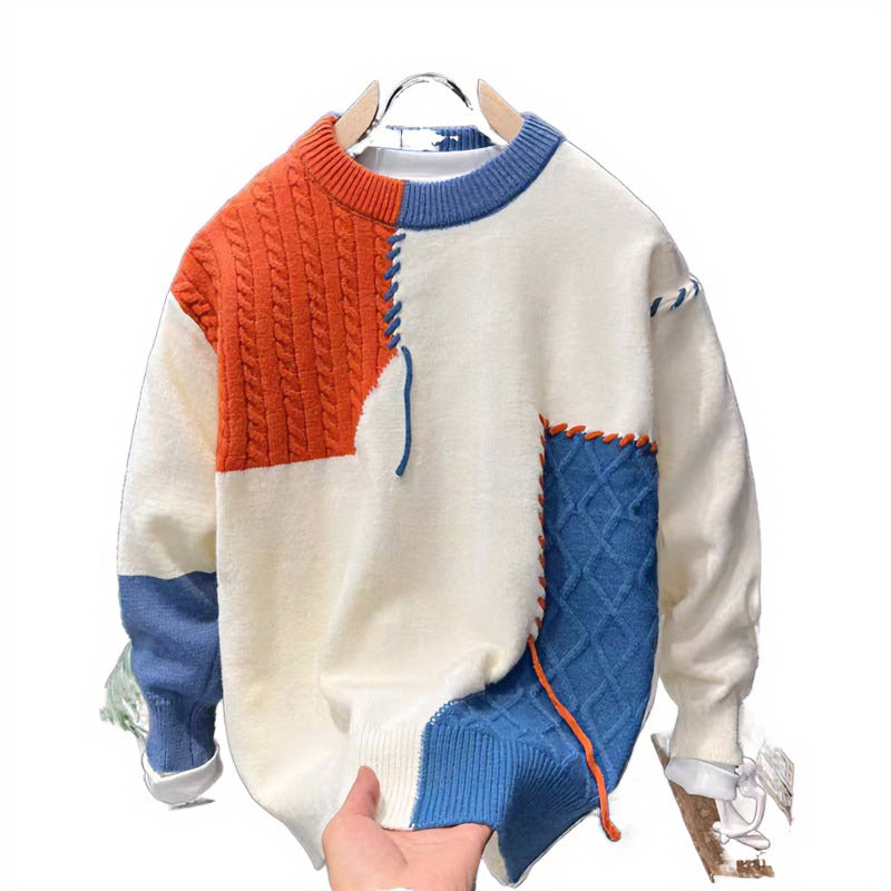 Unisex Patchwork-Oversize-Strickpullover mit Zopf- und Rautenmuster, dekorativen Kontrastnähten und Rundhalsausschnitt Nord Taschen