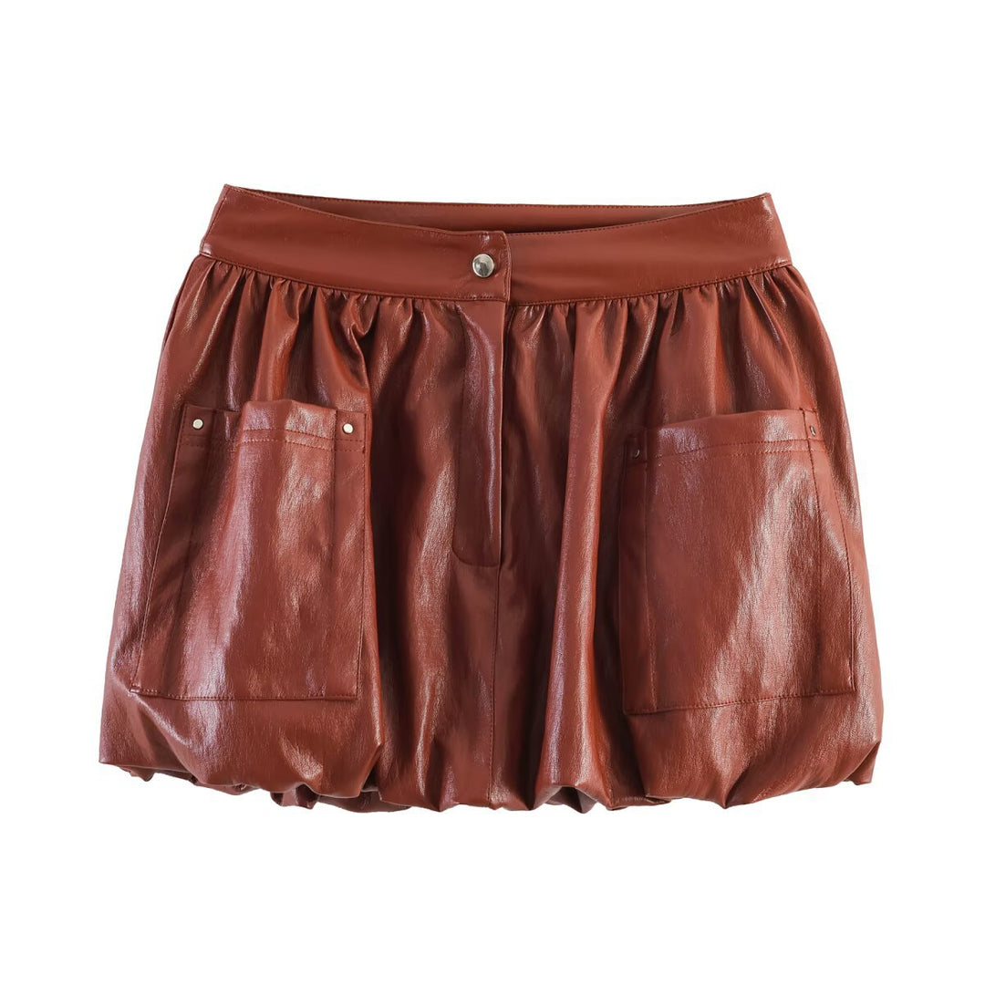 Damen Kurzballonrock aus Kunstleder mit hoher Taille und aufgesetzten Taschen Nord Taschen