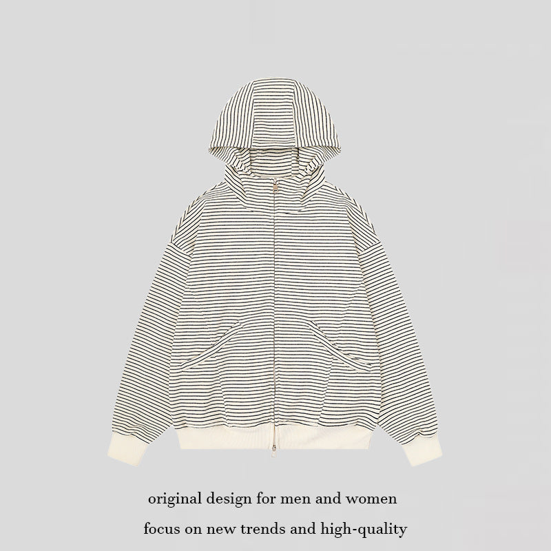 Unisex Gestreifte Kapuzen-Sweatjacke mit Reißverschluss und Kängurutaschen Nord Taschen
