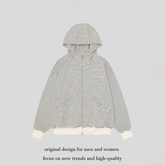 Unisex Gestreifte Kapuzen-Sweatjacke mit Reißverschluss und Kängurutaschen Nord Taschen