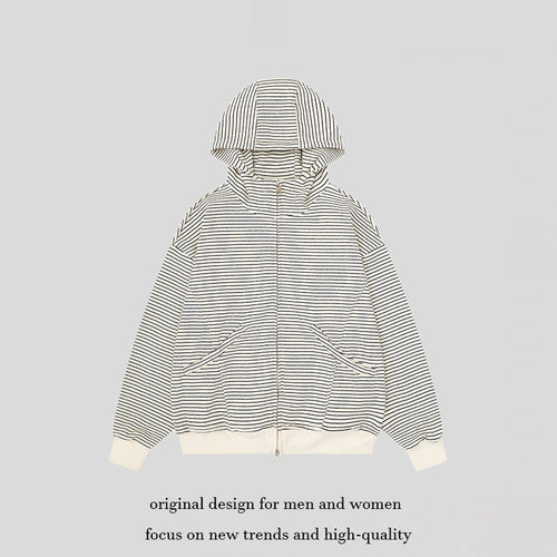 Unisex Gestreifte Kapuzen-Sweatjacke mit Reißverschluss und Kängurutaschen Nord Taschen