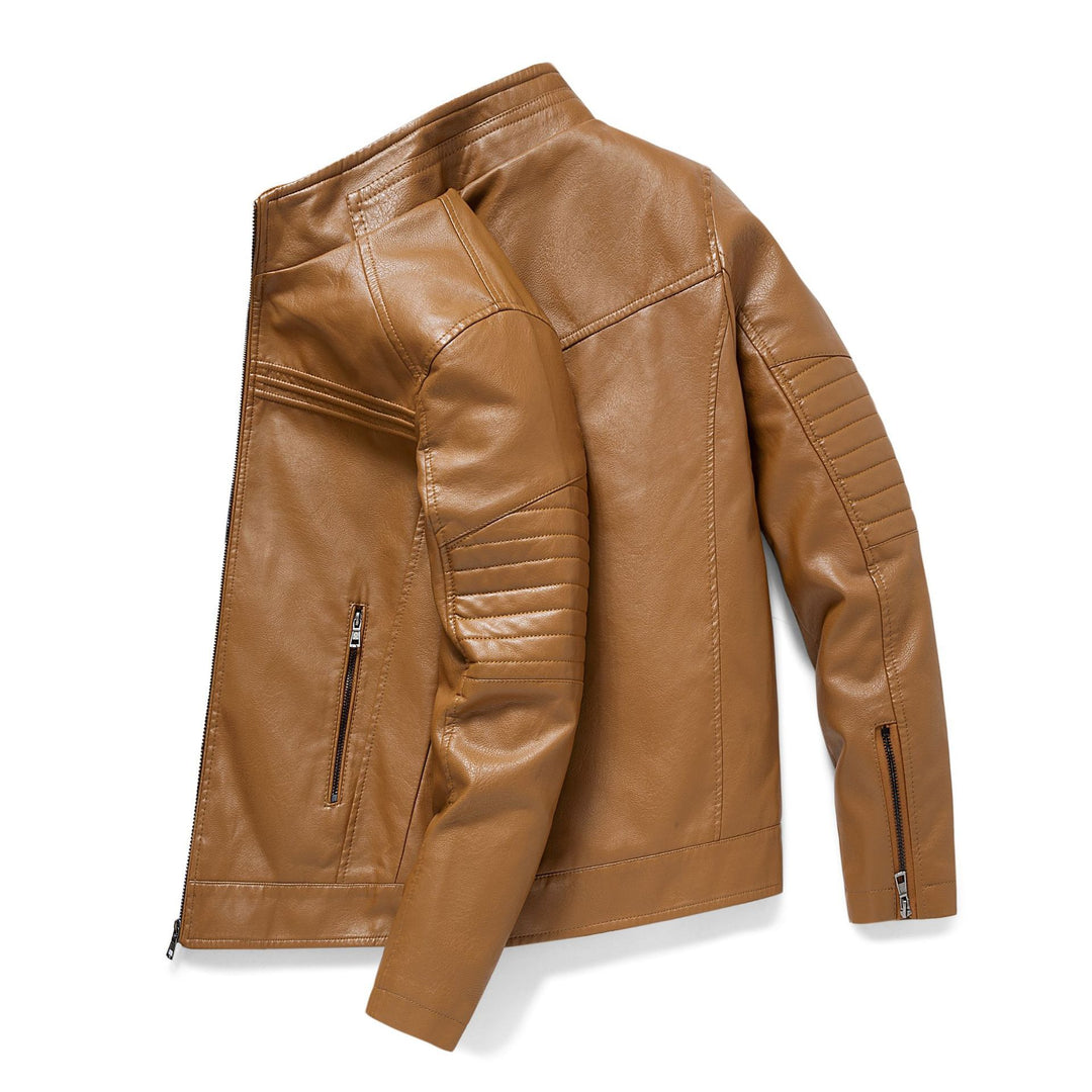 Herren Slim-Fit Kunstleder-Motojacke mit Stehkragen und gesteppter Ärmelpasse Nord Taschen