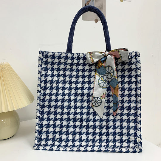 Damen Jute-Tragetasche mit elegantem Karomuster und dekorativen Schleifenakzenten Nord Taschen