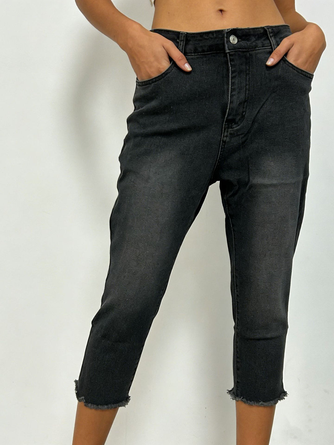 Damen schmale knöchellange Jeans mit rohem Fransenabschluss und mittelhoher Taille Nord Taschen