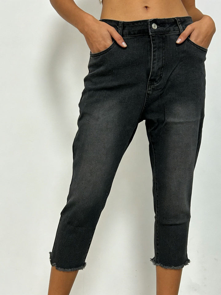 Damen schmale knöchellange Jeans mit rohem Fransenabschluss und mittelhoher Taille Nord Taschen
