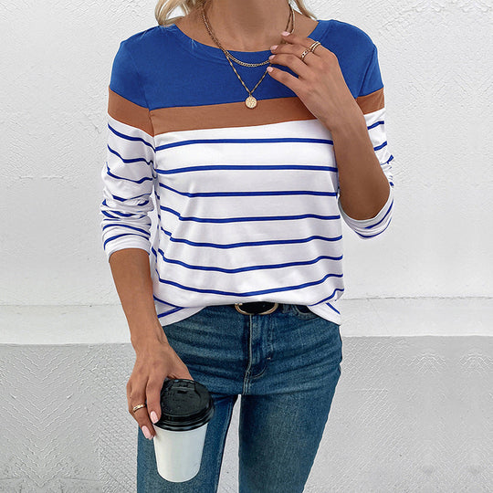 Damen Gestreiftes Langarmshirt mit Colorblock-Detail und Rundhalsausschnitt Nord Taschen