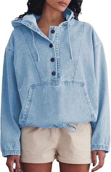 Damen Jeans-Halbanorak mit Kapuze, Kängurutasche und Tunnelzug Nord Taschen