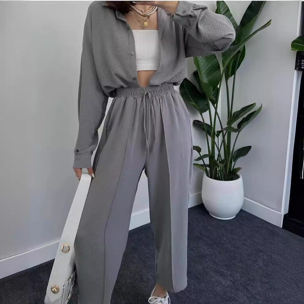 Damen Lässiges zweiteiliges Lounge-Set aus Crêpe mit Oversize-Hemd und hohem Elastikbund Nord Taschen