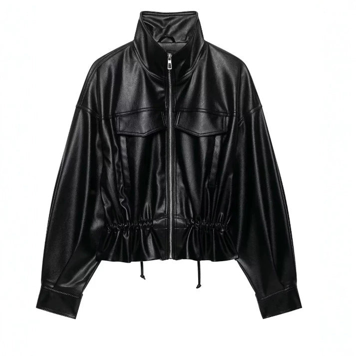 Damen Cropped Kunstleder‑Blouson mit Stehkragen, Pattentaschen und Tunnelzugtaillierung Nord Taschen