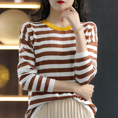 Damen Maritim-inspiriertes gestreiftes Feinstrick-Shirt mit weitem Boot-Ausschnitt und Kontrastkante Nord Taschen