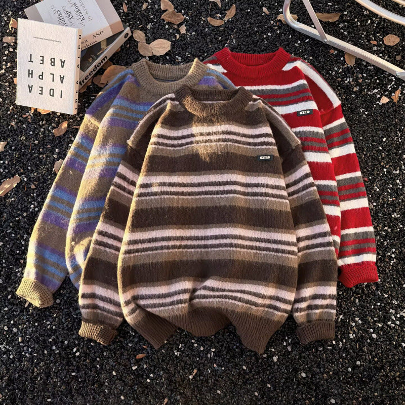 Unisex Gestreifter Oversize-Mohair‑Optik Pullover mit Rundhals und weicher Struktur Nord Taschen