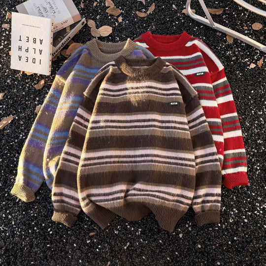 Unisex Gestreifter Oversize-Mohair‑Optik Pullover mit Rundhals und weicher Struktur Nord Taschen