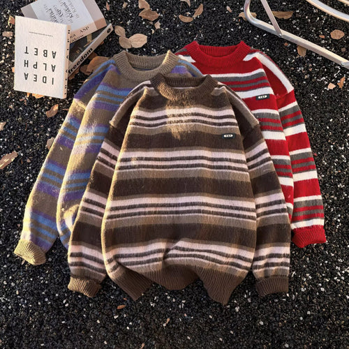 Unisex Gestreifter Oversize-Mohair‑Optik Pullover mit Rundhals und weicher Struktur Nord Taschen