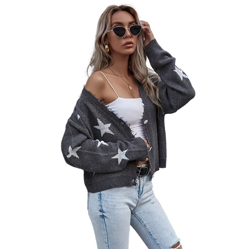 Damen Lässiger Cardigan mit Sternenprint und Knopfdetails Nord Taschen