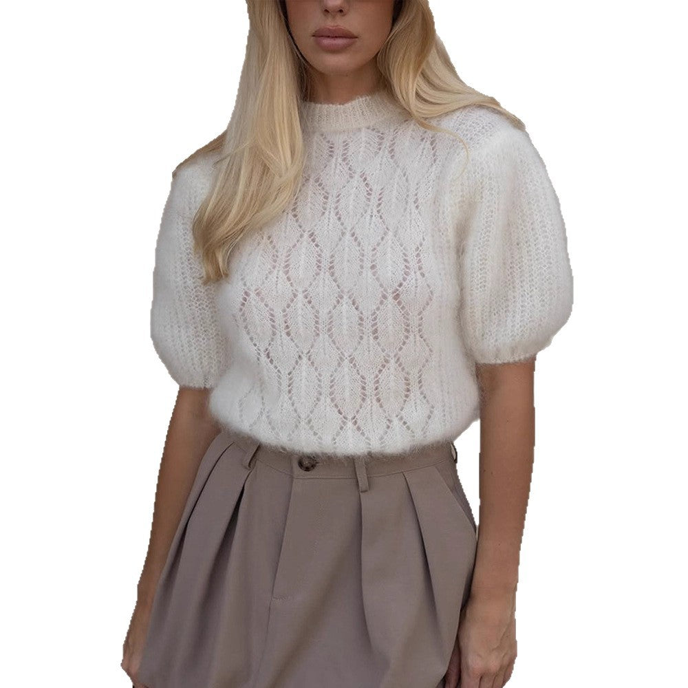 Damen Flauschiger Kurzgeschnittener Mohair-Mix Pullover mit Kurzärmeln und Stehkragen Nord Taschen