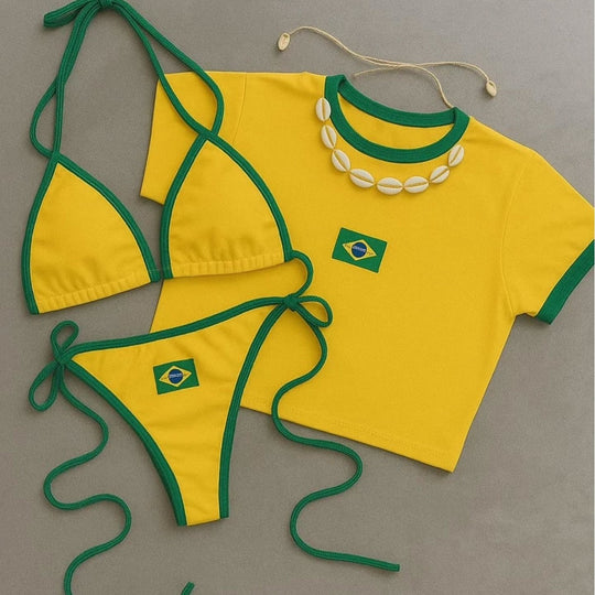 Damen Bikini-Set mit sportlichem Crop-Top und trendigem Brasilien-Flaggen-Design Nord Taschen