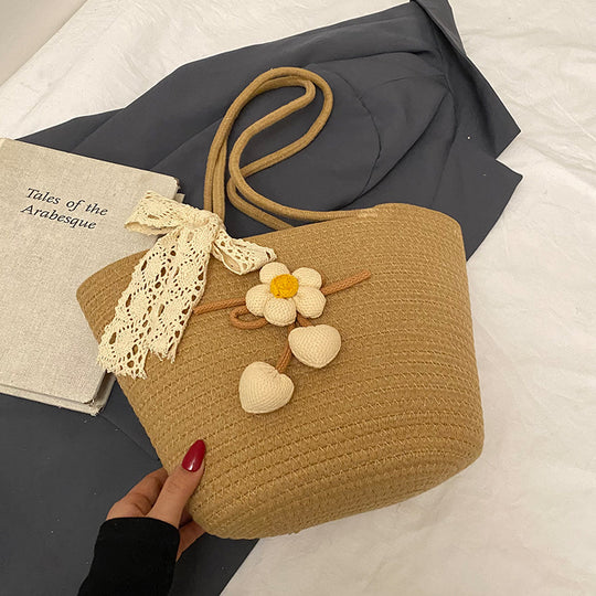 Damen Jute-Strandtasche mit dekorativen Blumen-Detail Nord Taschen