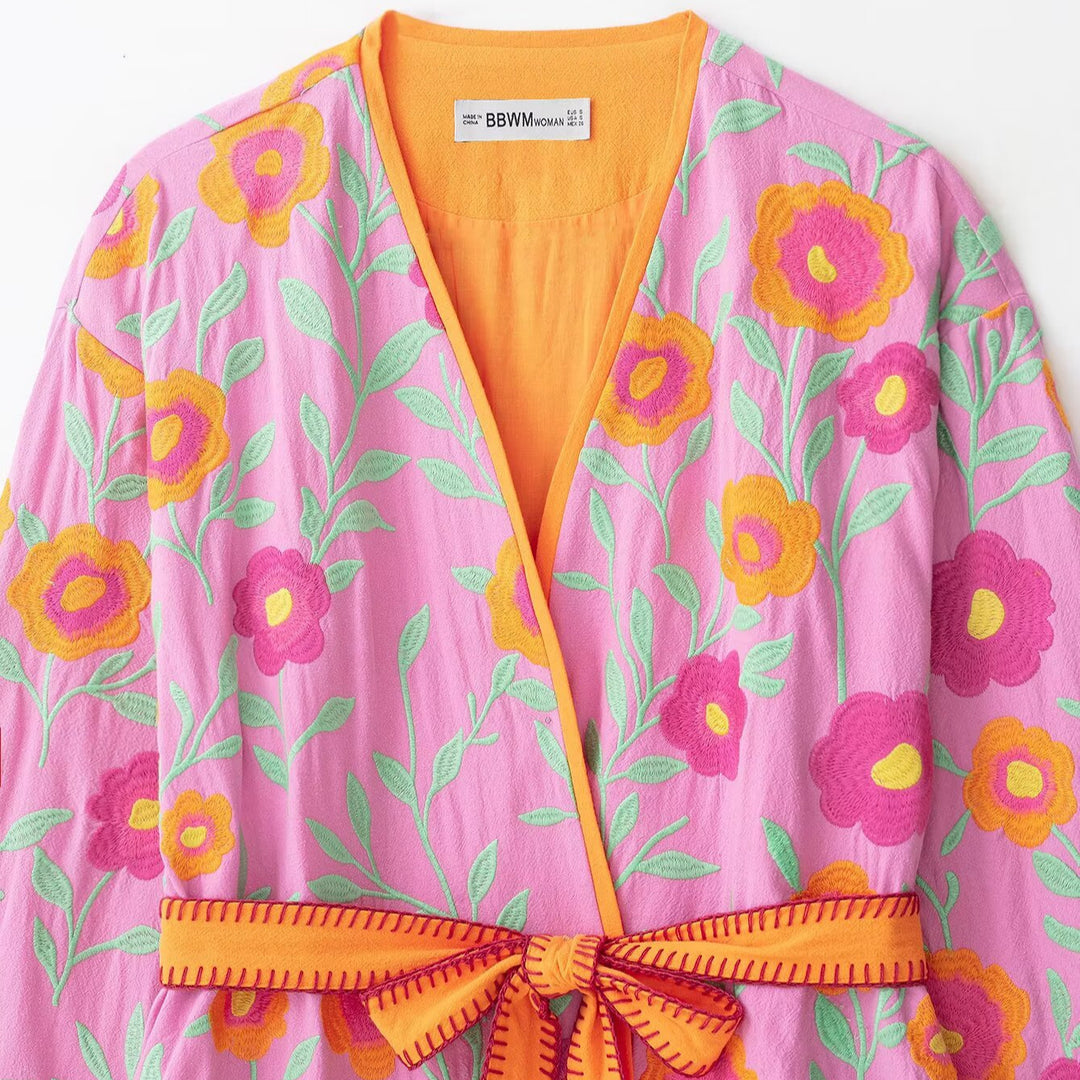 Damen Bestickte Kimono-Jacke mit Taillenbindegürtel und floraler Stickerei Nord Taschen