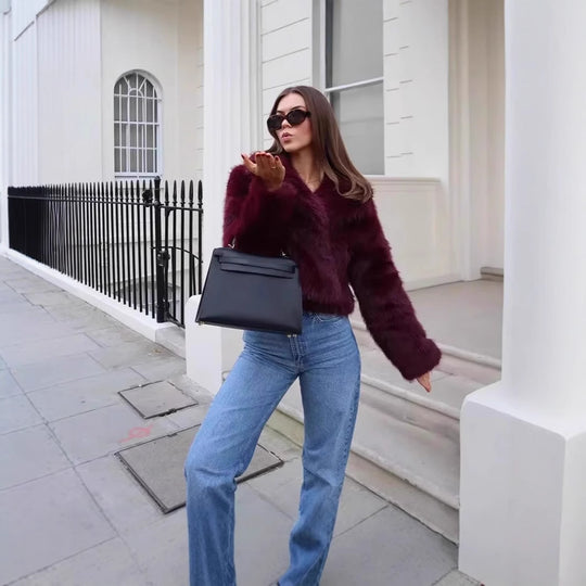 Damen Kurzer Teddy‑Faux‑Fur‑Cropped‑Blouson mit innenliegender Knopfleiste und soften Ärmelabschlüssen Nord Taschen