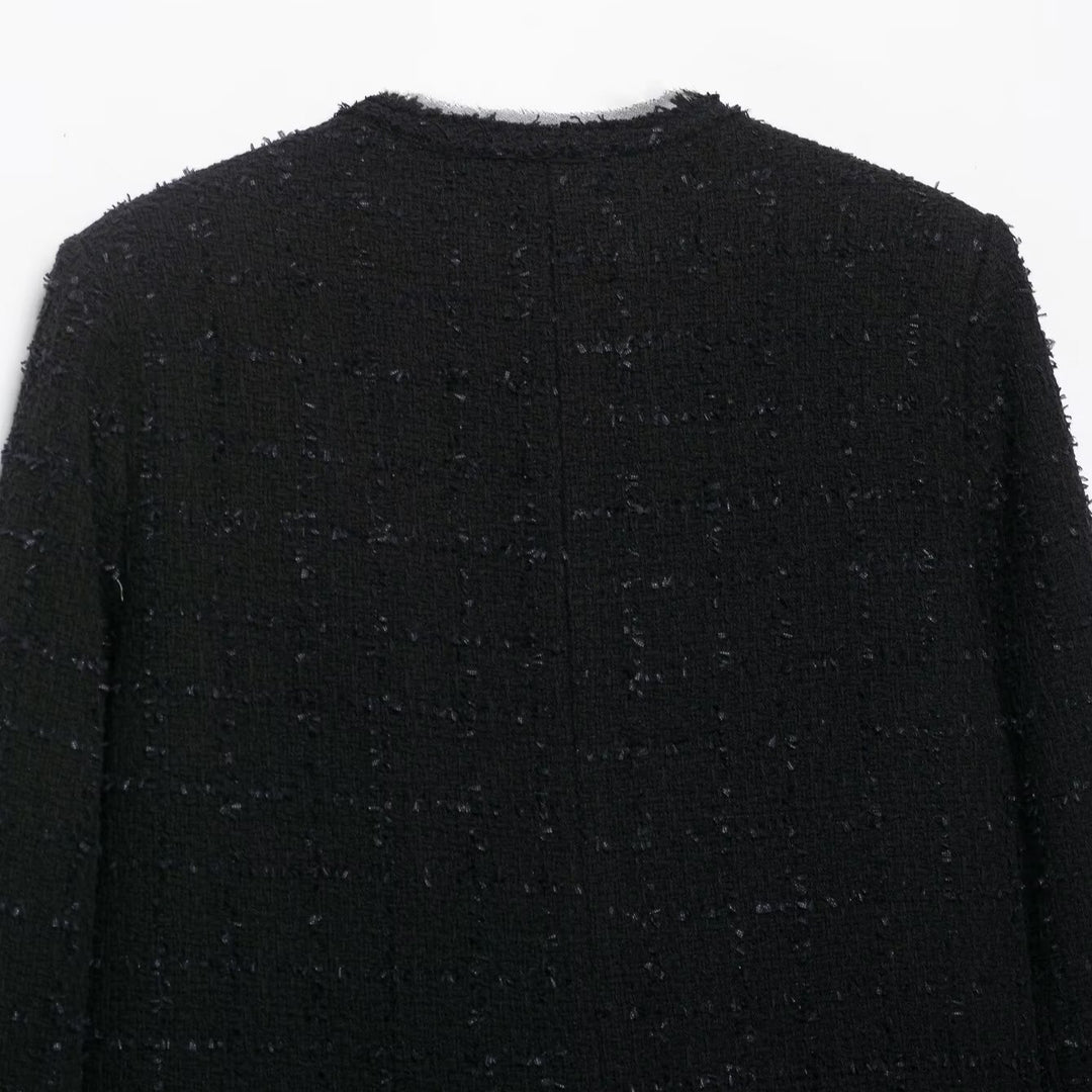 Damen Kurze Bouclé-Tweedjacke ohne Kragen mit goldfarbenen Zierknöpfen Nord Taschen