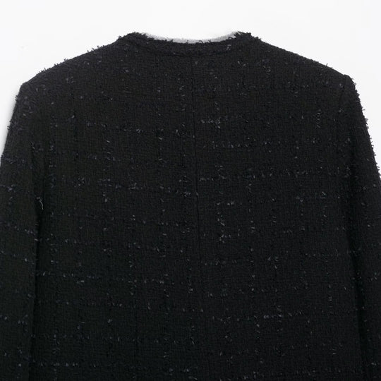 Damen Kurze Bouclé-Tweedjacke ohne Kragen mit goldfarbenen Zierknöpfen Nord Taschen